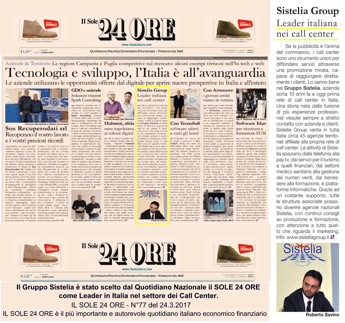 Articolo del Sole 24 Ore: Sistelia Group leader italiana nei call center